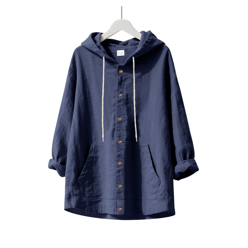 Spring And Autumn American Loose Men's Loose Linen Casual Simple Beach Hooded Long Sleeve Shirt Men_voghion.com