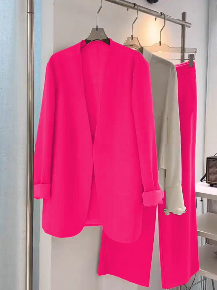 Conjunto de traje de talla grande para mujer, primavera y otoño, holgado, informal, formal, de dos piezas, con pantalones anchos y blazer pequeño._voghion.com