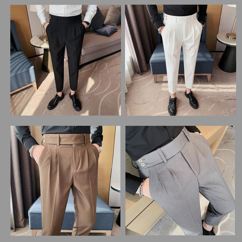 Pantaloni napoletani da uomo nuovi di zecca, in twill strutturato, con vita a pieghe, design casual a nove punte, vita media e alta_voghion.com