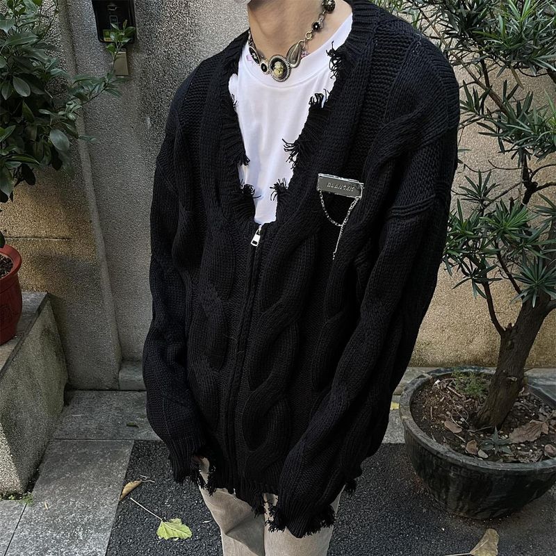 American High Street Frayed Distressed Metallic Color-Block V-Neck Cardigan Sweater Unisex Knitted Jacket Couple Ins_voghion.com