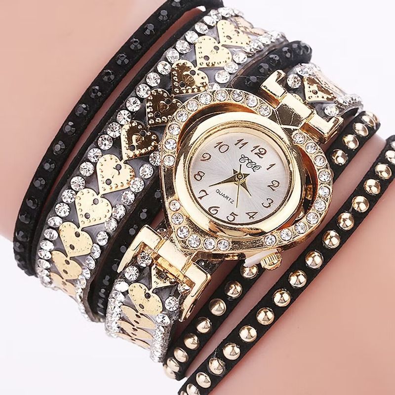 Korean Velvet Heart-Shaped Diamond-Studded Women's Three-Circle Wrap Heart Quartz Bracelet Watch_voghion.com
