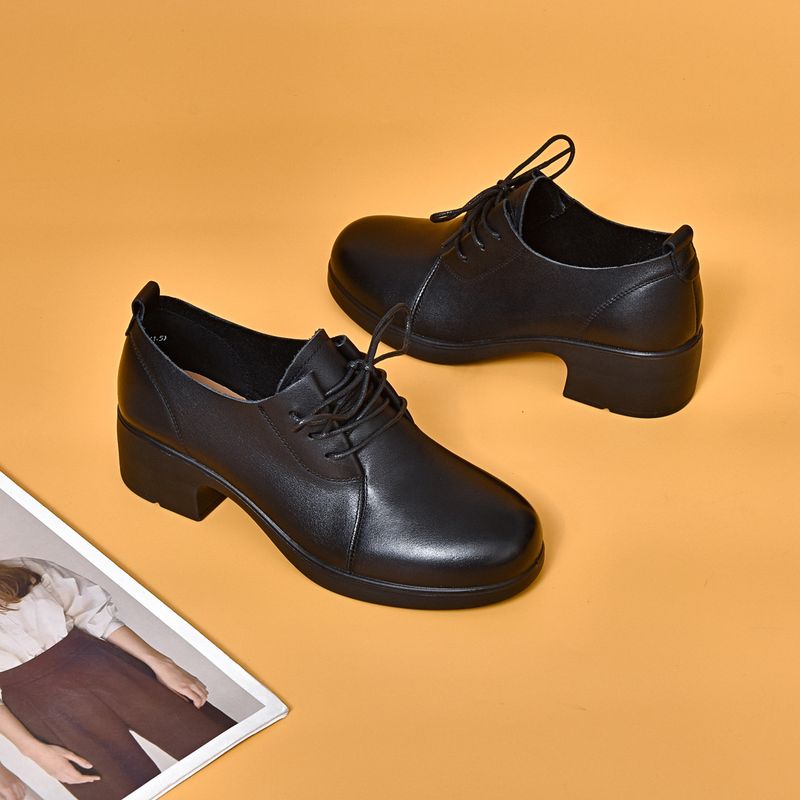 Kleine Damen 2025 Schwarzer Kopf Rindsleder Blockabsatz Arbeitsschuhe Mokassin Freizeitschuhe_voghion.com