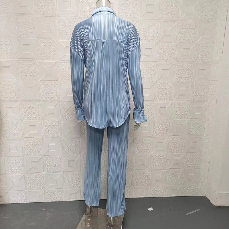 Set di due pezzi, camicia cardigan a maniche lunghe plissettata a maniche lunghe da donna per la primavera e l'autunno, top con spacco e pantaloni_voghion.com