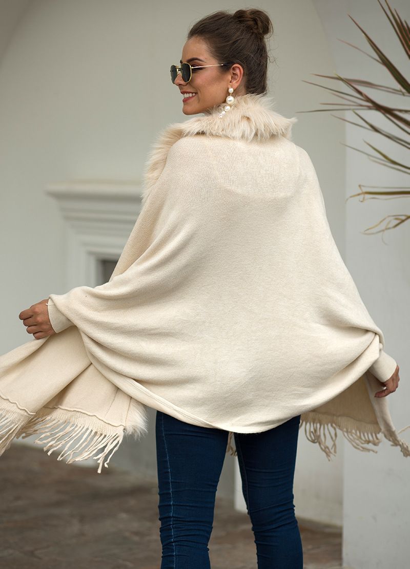 Maglione cardigan tinta unita in stile europeo e americano, autunno e inverno, con nappa e collo in pelliccia_voghion.com