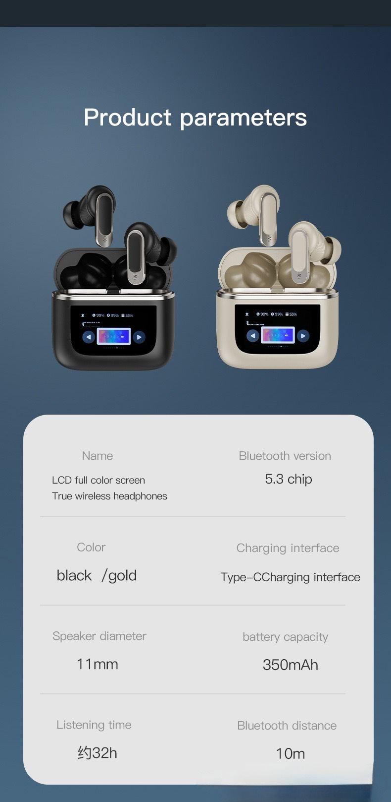 Nuevos auriculares tws inalámbricos simples con reducción de ruido ANC con pantalla táctil inteligente a todo color LCD V8 en inglés_voghion.com