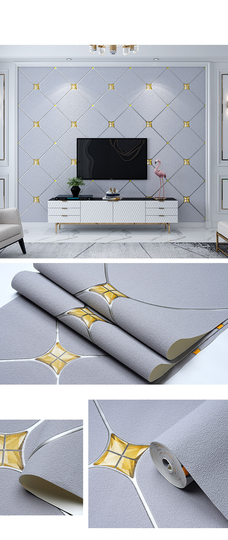 Carta da parati in tessuto non tessuto con motivo geometrico a diamante tridimensionale unisex, in pelle di daino, per soggiorno, camera da letto, sfondo, parete, carta da parati a quadri, ispessimento_voghion.com