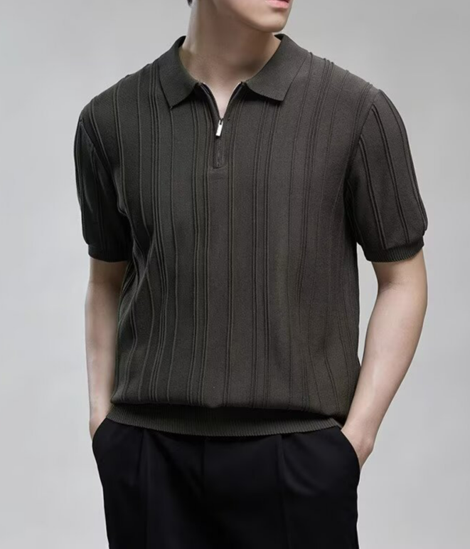 Polo da uomo a maniche corte, stile retrò, con mezza cerniera, in maglia, stile vintage, di alta qualità, con risvolto e texture a trama fitta._voghion.com