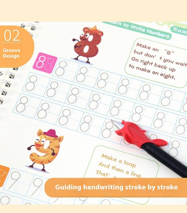Reusable Groove Calligraphy Practice Copybook For Kids - 4 Books Set With 5/10 Pens (Large Size) - Fun Handwriting Training For Beginners_voghion.com