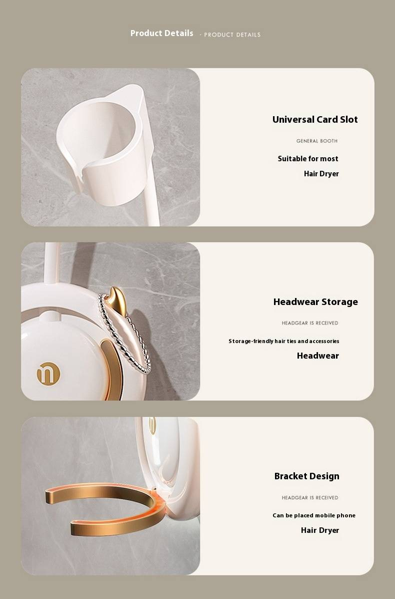 Porta asciugacapelli di lusso color oro – Supporto da parete senza fori con supporto, organizer per asciugacapelli resistente da 3 kg per il bagno (elegante e salvaspazio)_voghion.com