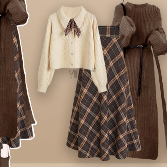 Modisches Winter-Outfit-Set für Damen – Strickpullover, Figurformendes Kleid und karierter Rock (3-teiliges Set)_voghion.com