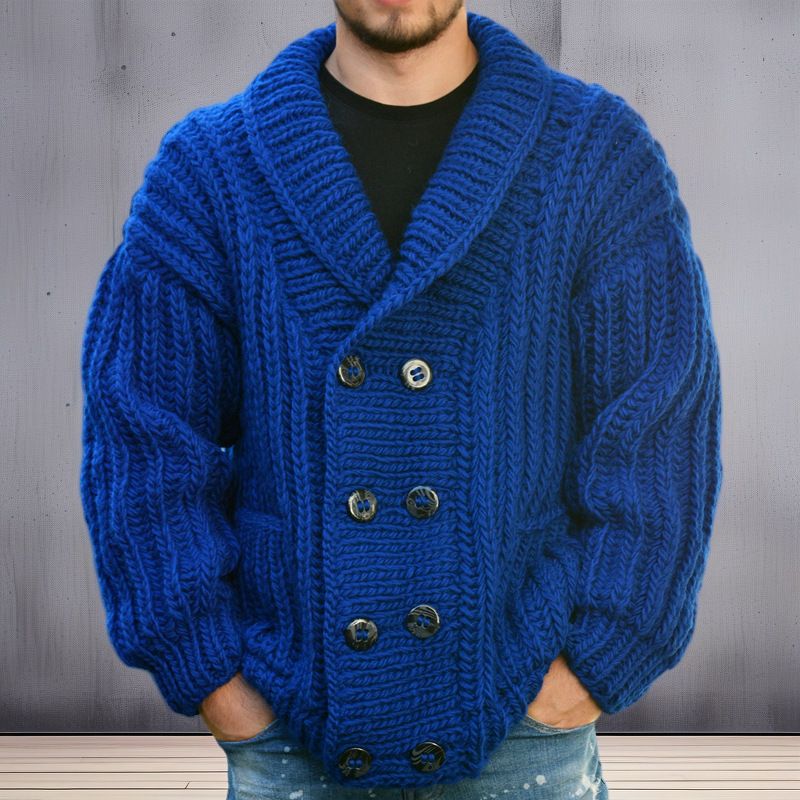 Cappotto invernale di ispirazione folk – Cardigan doppiopetto spesso in maglia a trecce blu | Cappotto oversize in misto lana per uomo_voghion.com