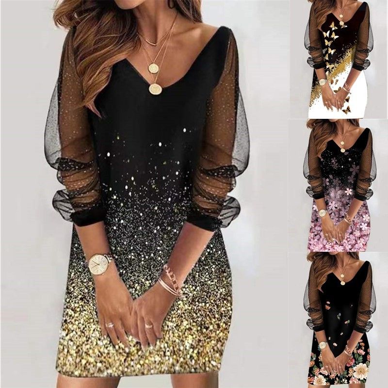 Damenbekleidung Pailletten Durchsichtiges Mesh Damenkleid_voghion.com