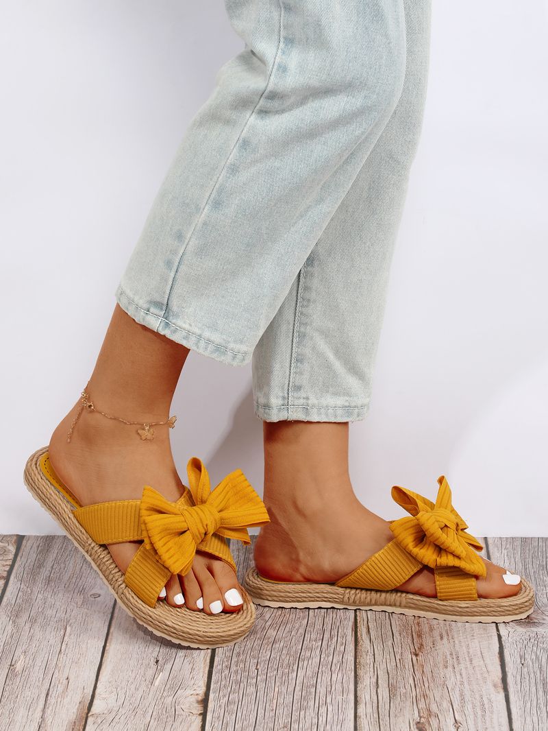 Γυναικεία Παπούτσια INS Χειροποίητα One Word Σχοινί Ψάθινο Υφαντό Four Seasons Νέα ραφές εξωτερικού χώρου Φιόγκος επίπεδη τακούνι παντόφλες για εξωτερικούς χώρους_voghion.com