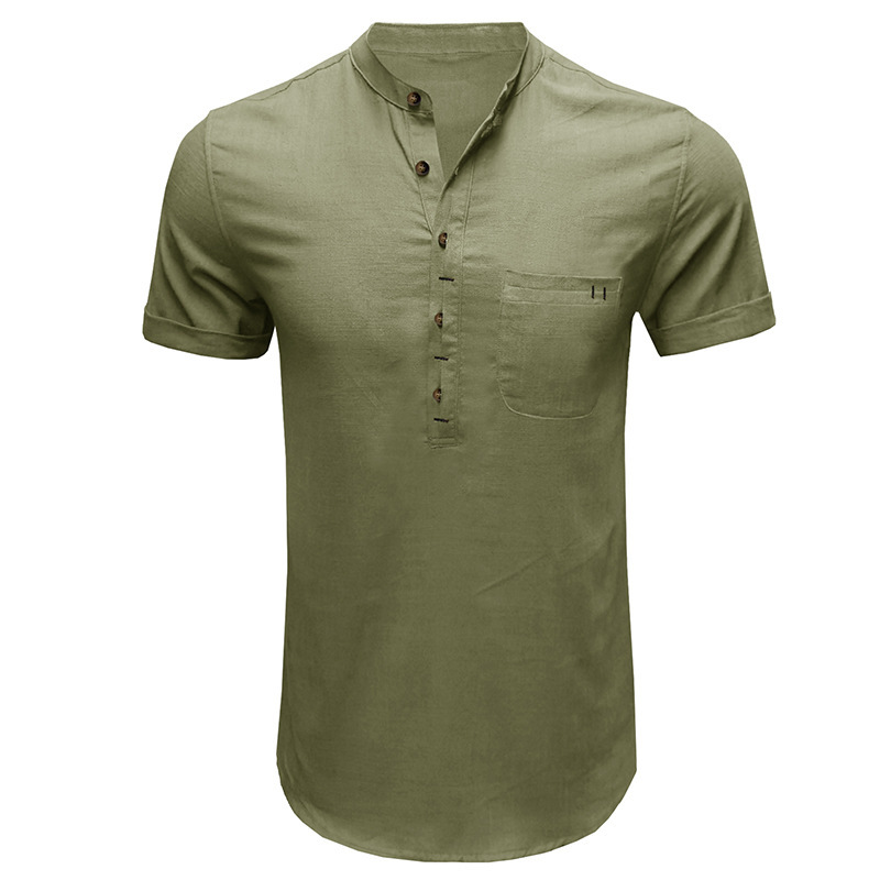 Camicia uomo manica corta tinta unita collo Henry, camicia da uomo in cotone e lino_voghion.com