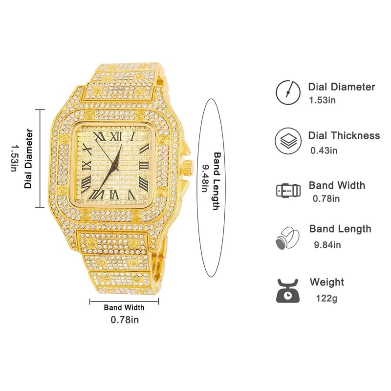 Relógio dourado cor hip hop miami curb corrente cubana gelo pavimentado strass bling rapper colar + relógio + pulseira joias_voghion.com
