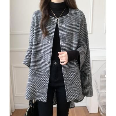 2025 Herbst Winter Neue Damen Cape Mantel Design Mittellange Strickjacke Plaid Wollmantel_voghion.com