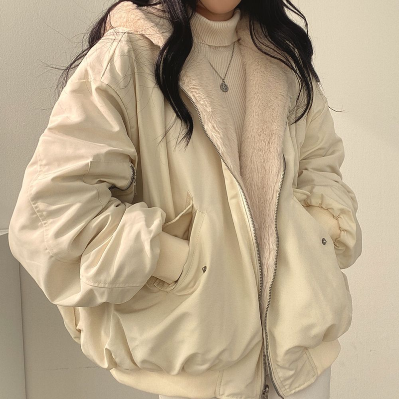 Giacca reversibile Deeptown alla moda coreana Veet in lana d'agnello da donna Haruku con cappuccio oversize tinta unita con zip invernale beige_voghion.com
