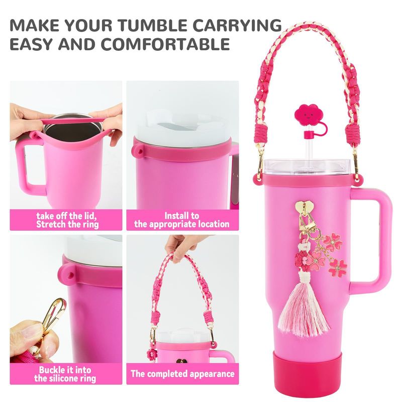 Silicone Grip Daisy Accessory Set 4-Piece Cup Sleeve With Cloud Shaped Straw Lid Colorful Hand Strap Floral Tassel Keychain Fits 16-30oz Tumblers_voghion.com