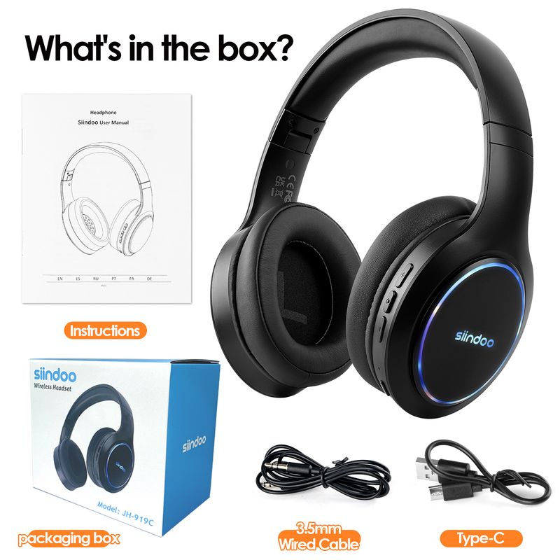 Casque sans fil pliable Siindoo RGB Lamp JH-919C, écouteurs stéréo Bluetooth, 3 modes sonores EQ, basses profondes Hi-Fi_voghion.com