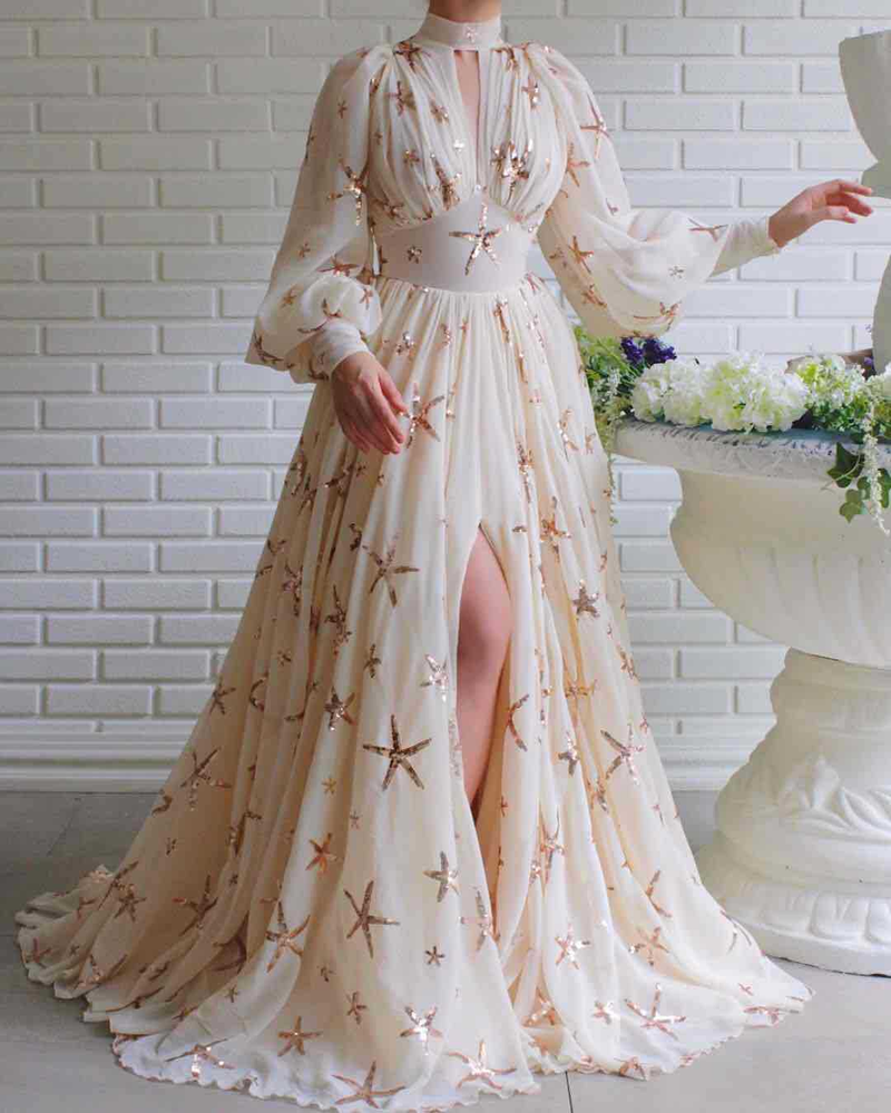 Women's clothing new large stock half high collar sequined slit lantern sleeves large swing dress chiffon dress_voghion.com