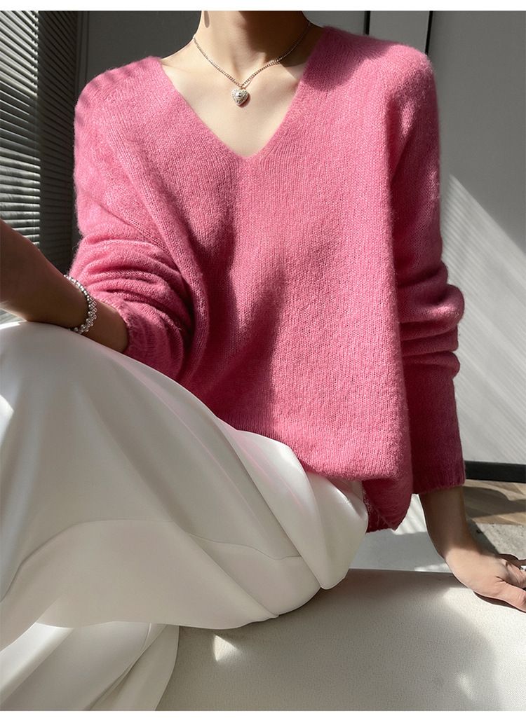 Pull col V en cachemire et soie sans coutures pour femme – Haut en tricot oversize aux couleurs pastel douces_voghion.com