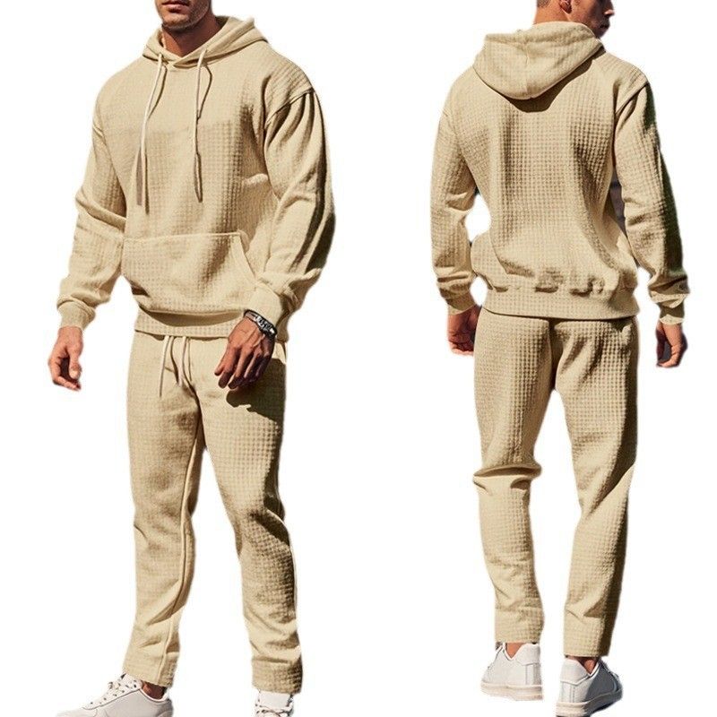 Fall men's heavy jacquard small plaid long-sleeved trousers hooded suit casual suit_voghion.com