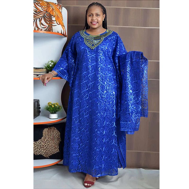 Roupas femininas bordado renda solta manga morcego vestido robe três peças colete com lenço na cabeça_voghion.com