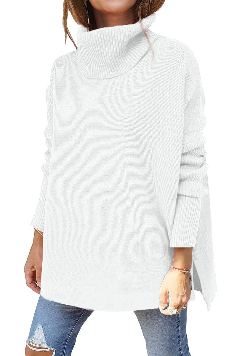 Dametrøje med høj hals, oversized pasform, mellemlang pullover med flagermusærmer, slidskant og bælte_voghion.com