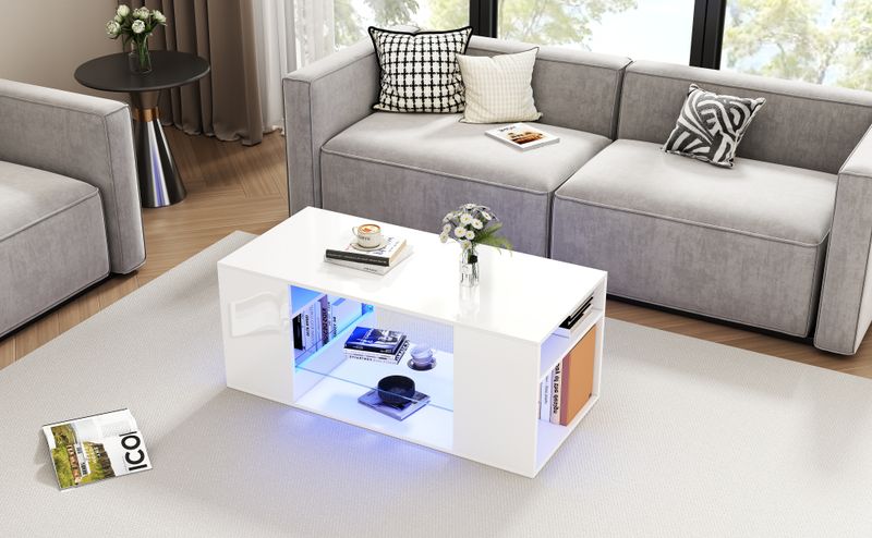 Table basse en verre brillant avec éclairage LED, table centrale de salon moderne blanche, rangement à plusieurs niveaux, 96 x 45 x 45 cm_voghion.com