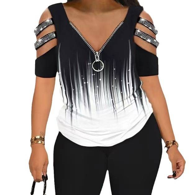 Ensemble deux pièces pour femme, haut décontracté imprimé, col en V, fermeture éclair, dégradé, short_voghion.com