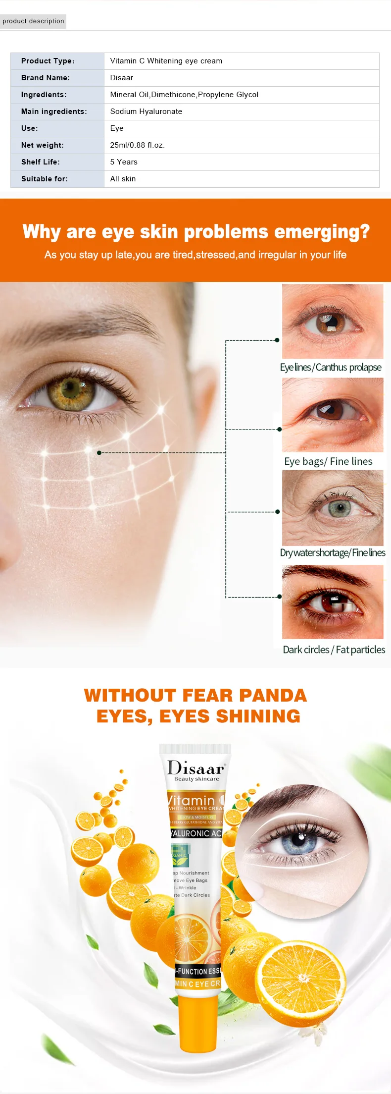 High Purity VC Peptide Remove Dark Circles Anti Wrinkle Puffiness Eye Gel Vitamin C Eye Cream_voghion.com