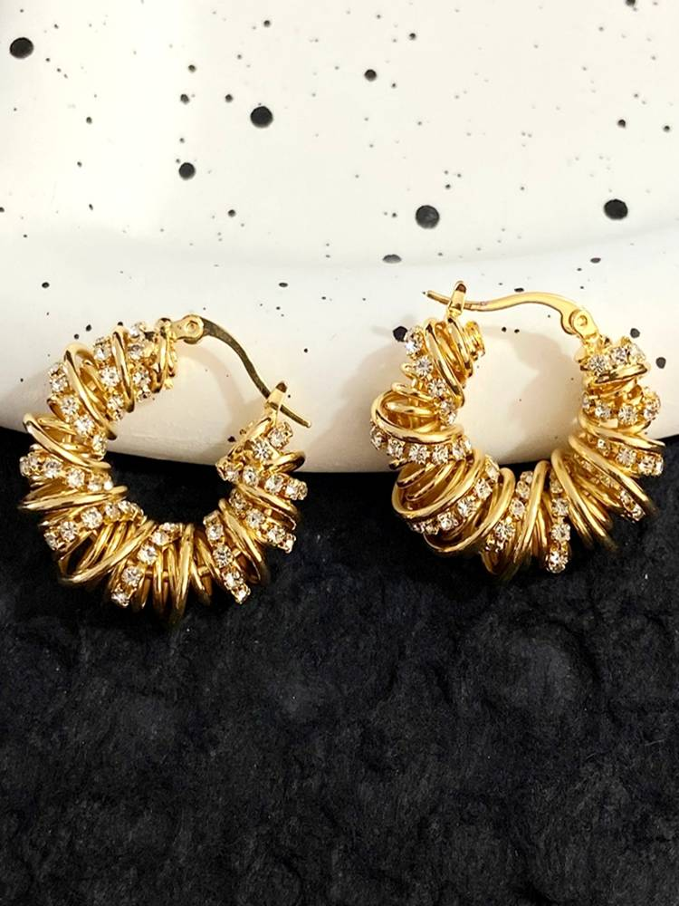 Boucles d'oreilles torsadées en pâte frite creuse de style européen et américain, fermoirs d'oreilles ronds en zircon blanc, boucles d'oreilles vintage pour petits groupes_voghion.com