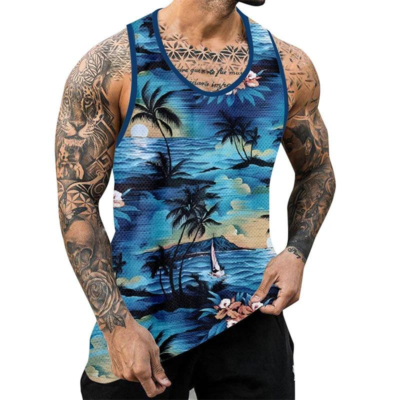 Men's Palm Tree Pattern Tank Top 3D Printed Beach Pattern Handsome Hawaiian Style T-shirt_voghion.com