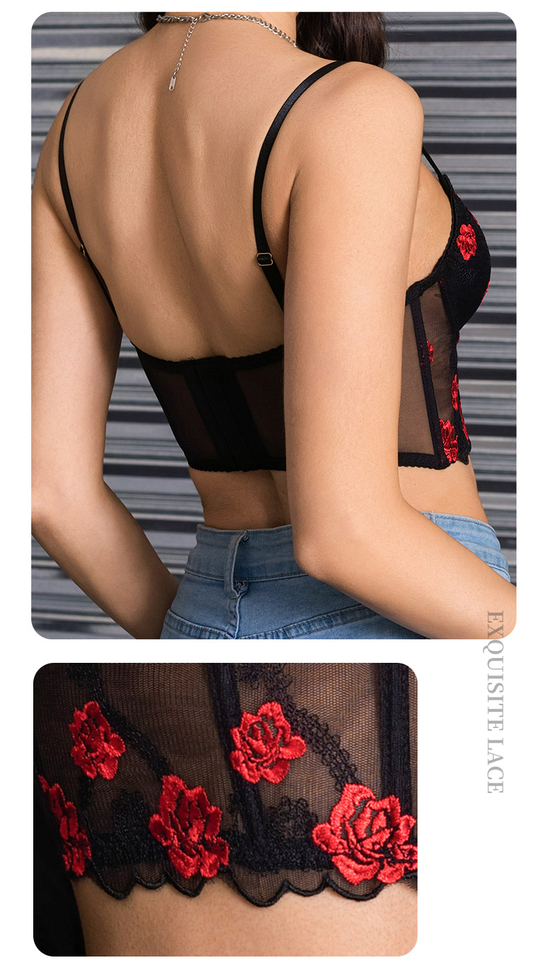 Exquisite Rose Lace Embroidered Sheer Mesh Bra Set With Adjustable 3-Row Hook & Eye Closure - Sensual Bustier Corset For Women_voghion.com