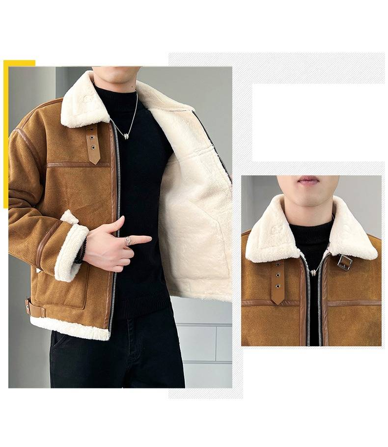 Men's Faux Shearling Lamb Fur Jacket Winter Loose Fit Stand Collar Motorcycle Coat Fleece Lined Thick Warm_voghion.com