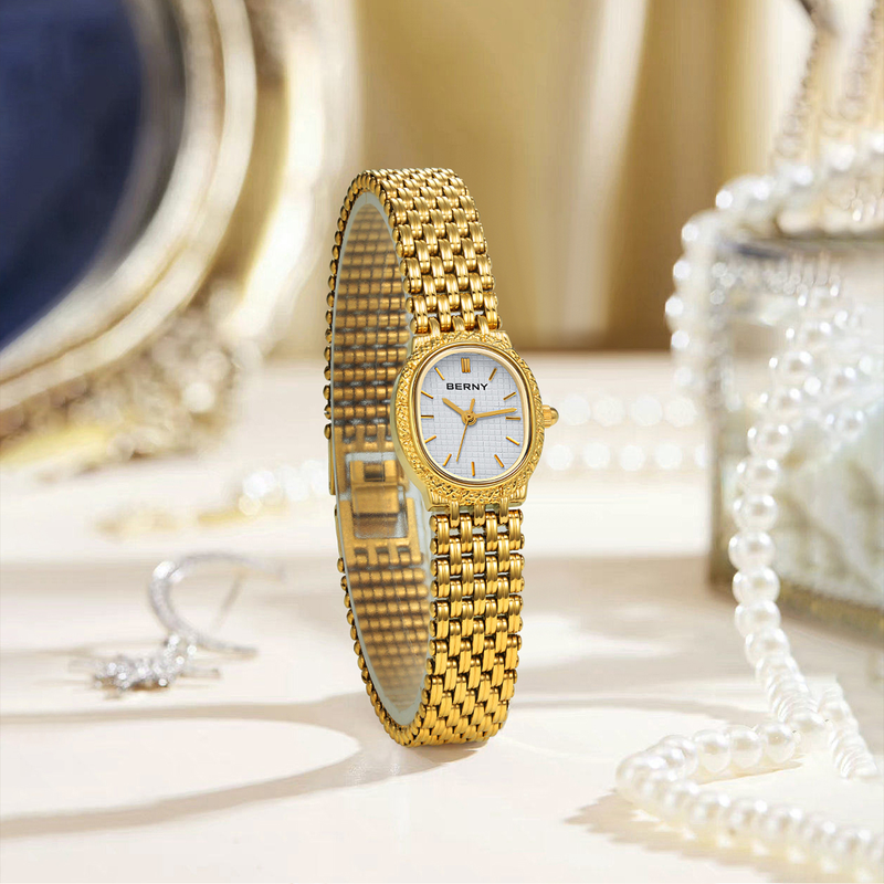BERNY Small Gold Watches For Women Dainty Minimalist Oval Dial Stainless Steel Bracelet Watch Waterproof Luxury Ladies Quartz Watch With Tool Included_voghion.com