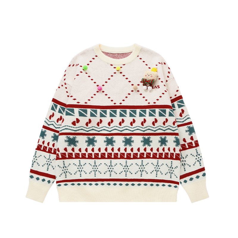 Cozy Christmas Sweater With Playful Doll Design - Oversized Knit Pullover For Women & Teens (Red, Cream, Black) - S/M/L/Xl_voghion.com