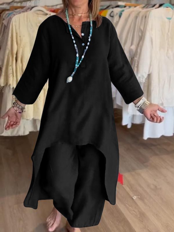 Women's Casual Linen Long Sleeve Two-Piece Set – Breathable Cotton Blend, Loose Fit, Plus Size Available (S-5XL)_voghion.com