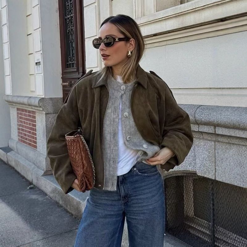 Street Women's Suede Bomber Jacket Fashion Lapel Zipper Full Sleeve Female Coats 2025 Autumn Lady Casual Commute Vintage Outwear_voghion.com