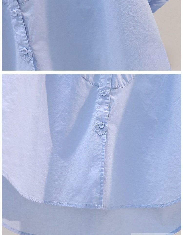 Camicia da donna in cotone azzurro chiaro in stile letterario, camicia casual da donna con maniche a 7 punte, top estivo versatile dal temperamento versatile_voghion.com