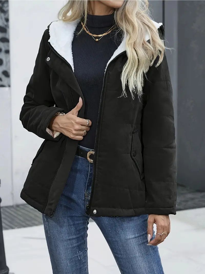 Abbigliamento da donna Giacca con cappuccio foderata in pile alla moda per donna - Cappotto casual da strada con cerniera frontale (diversi colori e taglie)_voghion.com