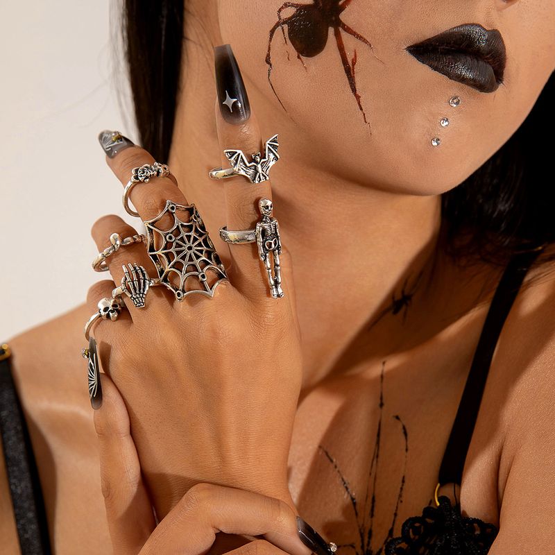 Juego de siete anillos de telaraña de murciélago estilo punk con calavera y personalidad oscura para Halloween_voghion.com