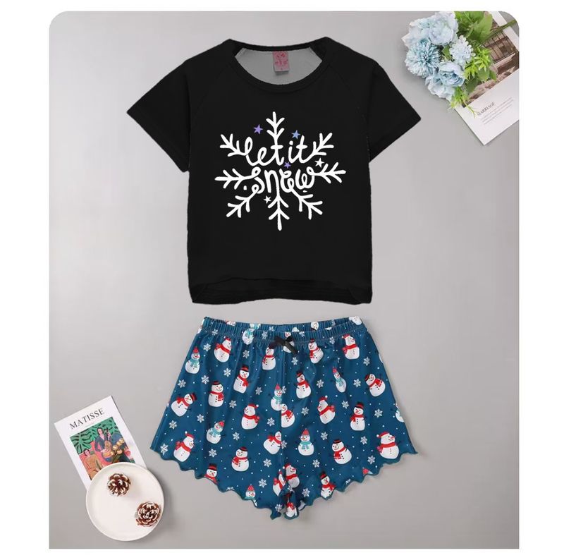 Pijama feminino de Natal, fino, manga curta, casual e simples, conjunto de duas peças para relaxar_voghion.com