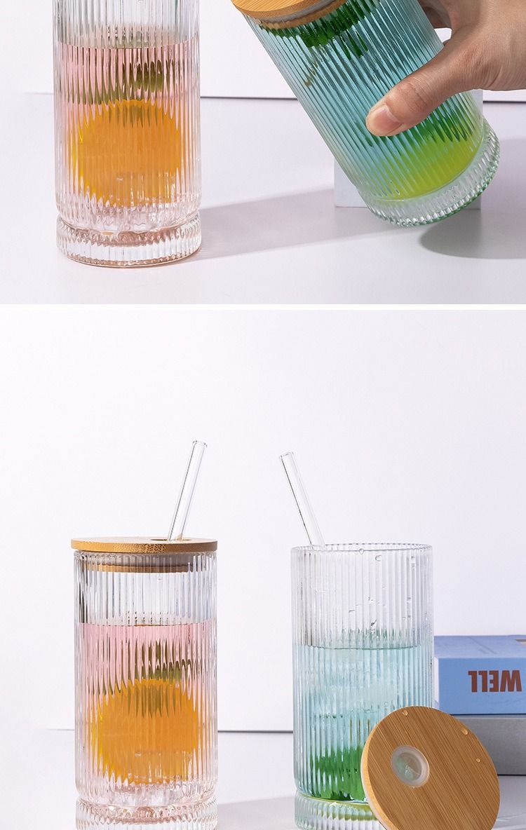 Striped Glass Tumbler With Lid & Straw - 16oz Mason Jar Style Cup For Iced Coffee, Bubble Tea, Juice & Cocktails, Reusable Drinking Glass_voghion.com