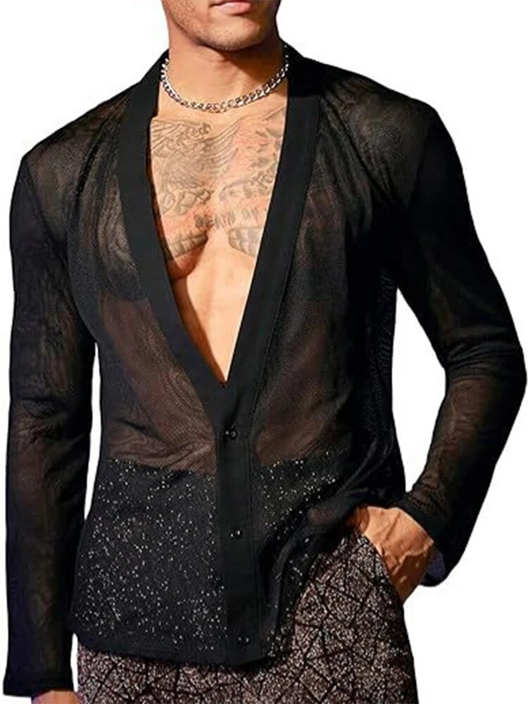 Neu Frühling Sexy Shis Männer Sehen Durch Transparent Lose Mesh Tops Männlich Strand Mode Tiefem V-ausschnitt_voghion.com