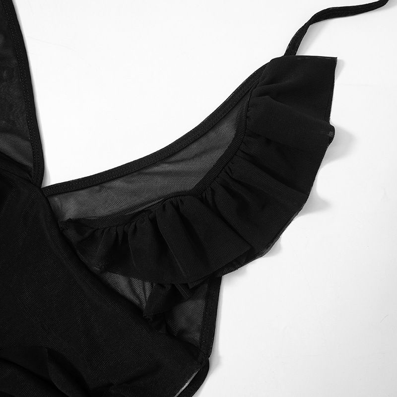 Q23TP310 Top corto sexy de malla negra con borde de madera para colgar el cuello y la parte superior del verano_voghion.com