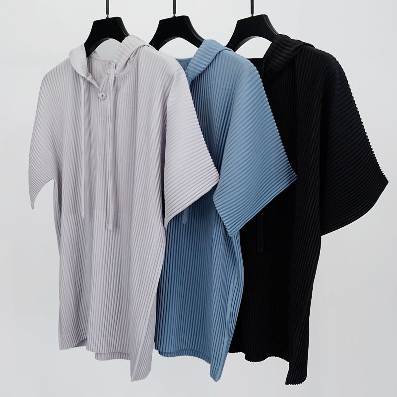 Sanzhai Pleated Spring/Summer Sweater Hooded Short sleeved Top Coat Breathable Drawstring Casual Men's Wear_voghion.com