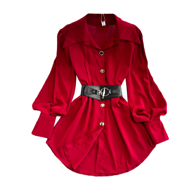 Dameskleding Lente Retro Stijl Temperament Taille Afslankend Geplooid Lange Mouw Shirt Korte Rok_voghion.com