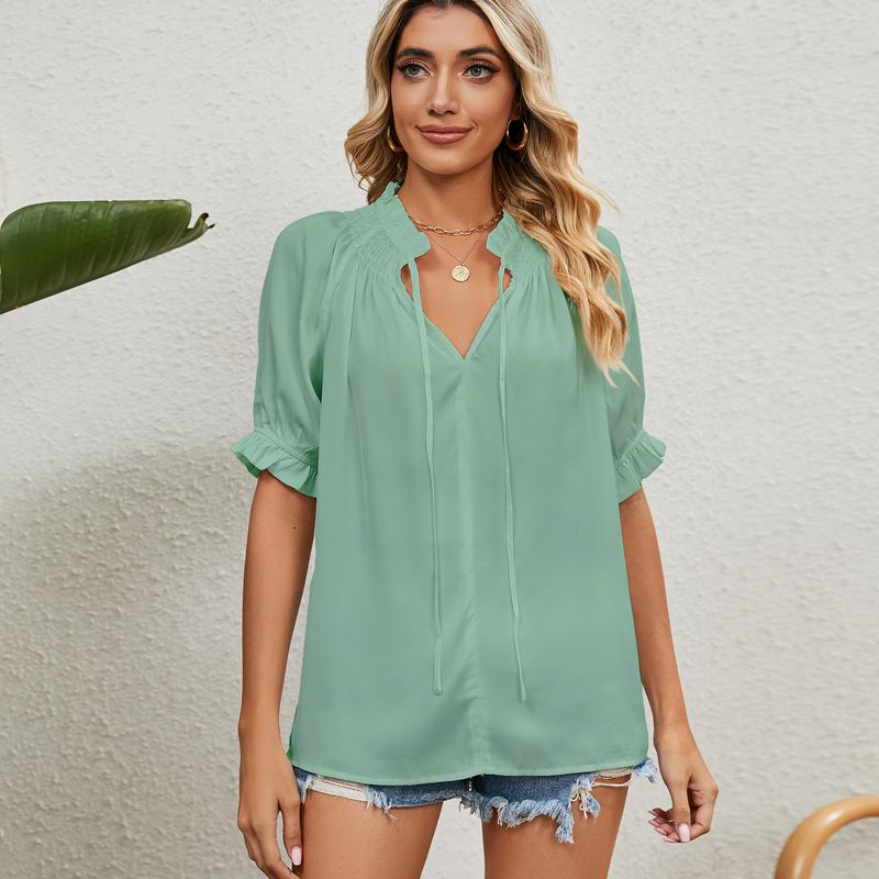 Spitzen-Plissee-Chiffon-Oberteil mit Prinzessinnenärmeln für Damen_voghion.com