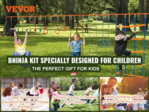 VEVOR Ninja Warrior Obstacle Course For Kids, 2 X 50 Ft Weatherproof Slacklines, 500lbs Weight Capacity Monkey Line, Outdoor Playset Equipment, Backyard Toys Training Equipment Set With 12 Obstacles_voghion.com